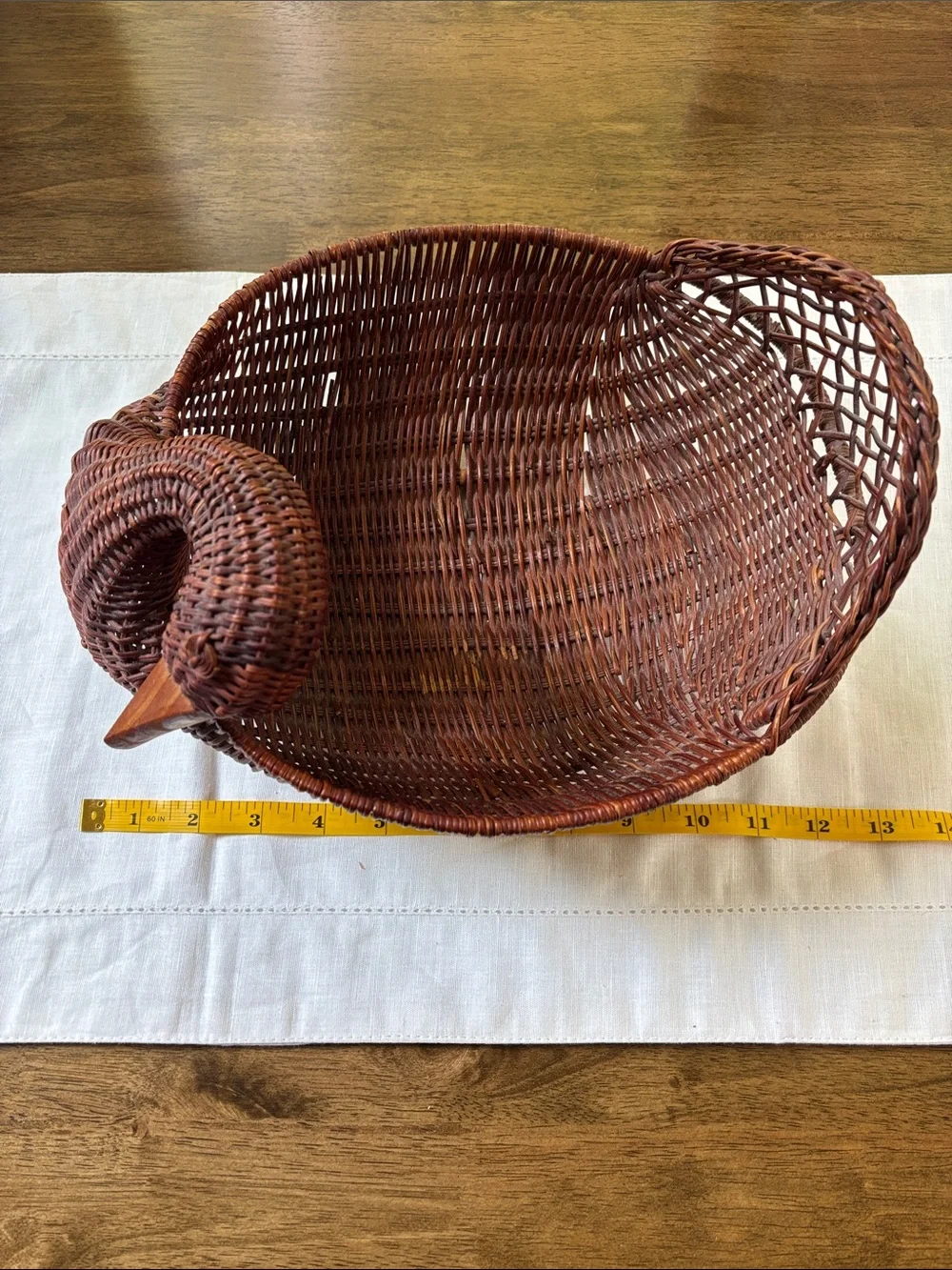 Vintage Handwoven Brown Wicker Goose w/ Hand Carved Wood Beak Cottagecore Decor